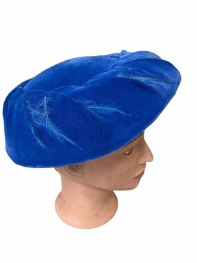 Vintage Royal Blue Velvet Feather Hat Beret